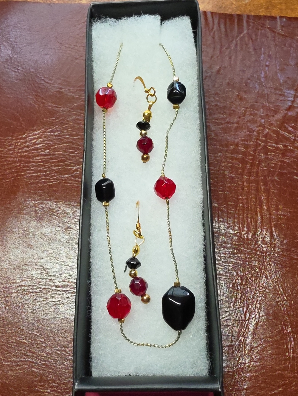 Gold Chain Necklace and Earrings Set with Red & Black Beads